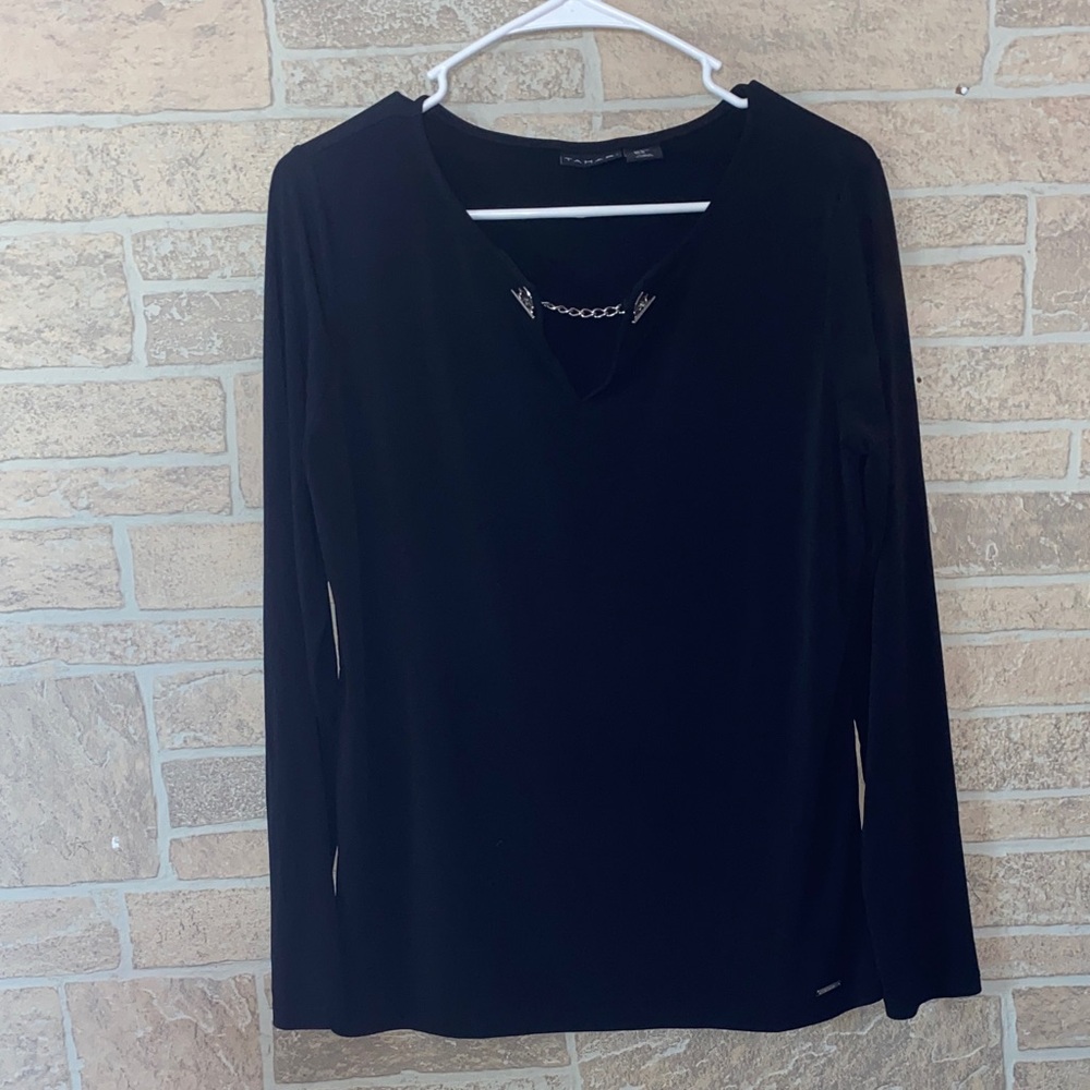 Tahari Classic Black Long Sleeve Top with Chain Detail
